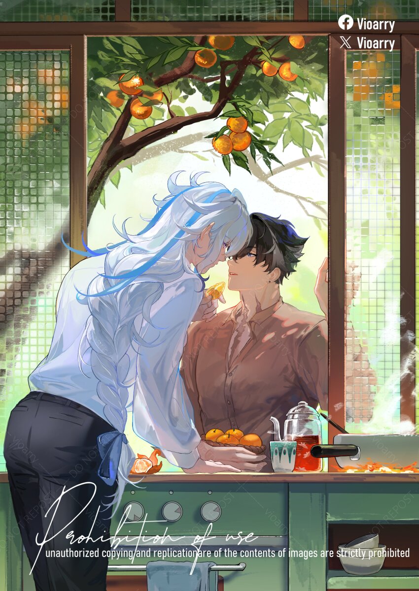2boys absurdres basket black_hair black_pants blue_eyes blue_hair blue_ribbon bowl braid branch buttons closed_mouth collared_shirt commentary counter cup day earrings english_commentary eye_contact fire food fruit fruit_tree frying_pan genshin_impact grey_hair grey_shirt hair_between_eyes highres holding holding_basket holding_food holding_fruit indoors jewelry long_hair long_sleeves looking_at_another male_focus multicolored_hair multiple_boys neuvillette_(genshin_impact) open_mouth open_window orange_(fruit) orange_peel orange_slice orange_tree oven pants purple_eyes ribbon scar scar_on_chest scar_on_neck shelf shirt short_hair single_braid smile steam streaked_hair stud_earrings tea teapot teeth towel towel_rack tree upper_teeth_only vioarry white_hair white_shirt window wriothesley_(genshin_impact) yaoi