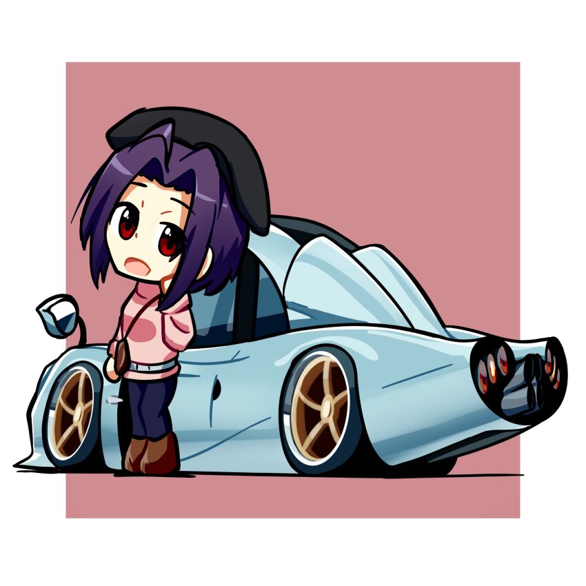 1girl absurdres bag belt beret black_hat blue_pants boots border brown_boots car duz grey_belt handbag hat head_tilt highres idolmaster idolmaster_(classic) looking_at_viewer miura_azusa motor_vehicle open_mouth outside_border pagani pagani_codalunga pants pink_sweater purple_hair red_background short_hair solo sports_car sweater turtleneck turtleneck_sweater vehicle_focus white_border