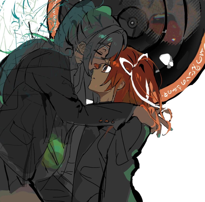 2girls a.i._voice adachi_rei aqua_hair coat expressionless eyepatch grey_coat grey_skirt hair_between_eyes hair_ribbon hand_on_another&#039;s_shoulder hatsune_miku highres licking licking_eye long_sleeves multiple_girls natwjeq one_side_up open_clothes open_coat orange_eyes orange_hair parted_lips pleated_skirt ribbon shirt short_hair simple_background skirt twintails vocaloid white_background white_ribbon white_shirt yuri