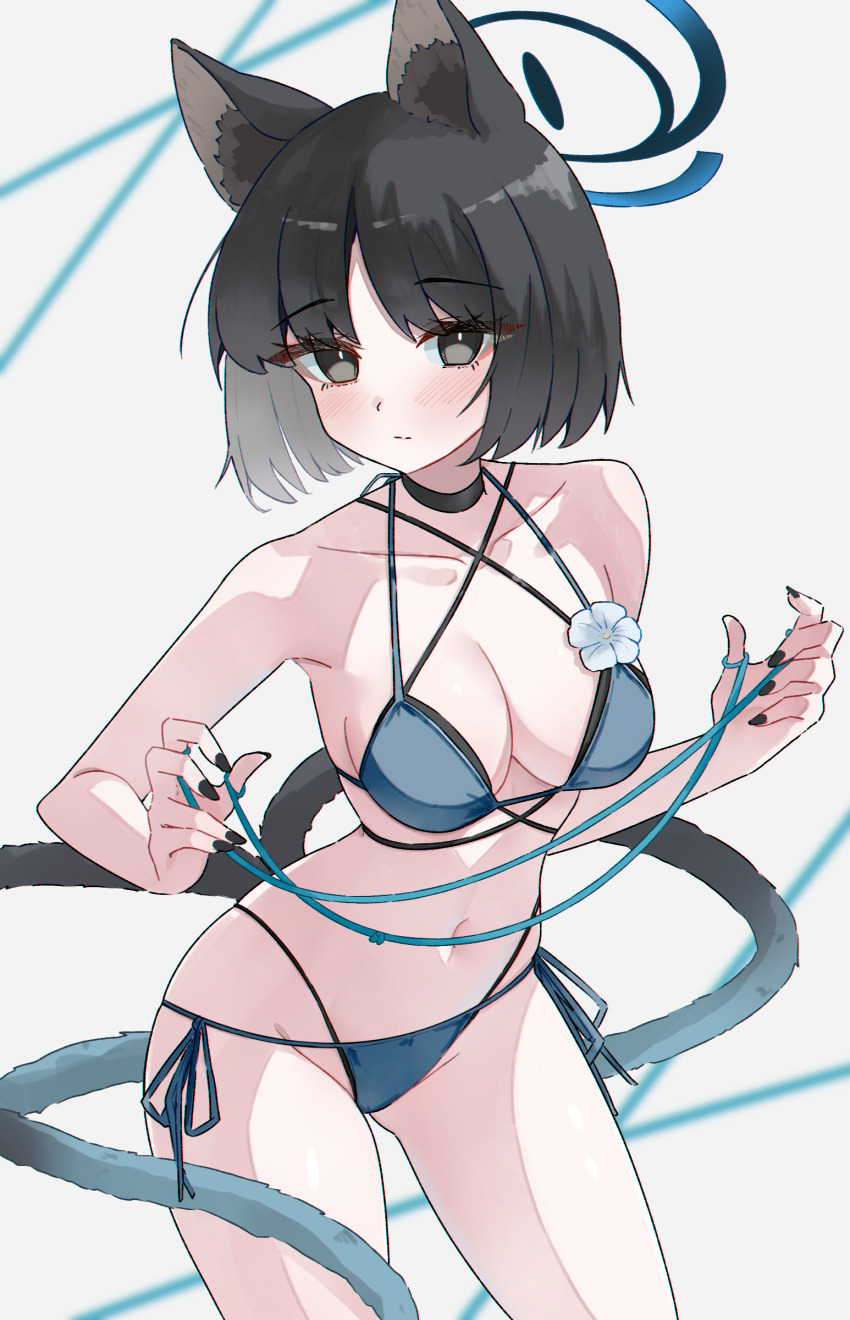 1girl absurdres animal_ears bikini black_eyes black_hair blue_archive blue_bikini blue_halo breasts cat_ears cat_tail commentary halo highres kikyou_(blue_archive) kikyou_(swimsuit)_(blue_archive) looking_at_viewer magui3 medium_breasts navel short_hair side-tie_bikini_bottom solo swimsuit tail