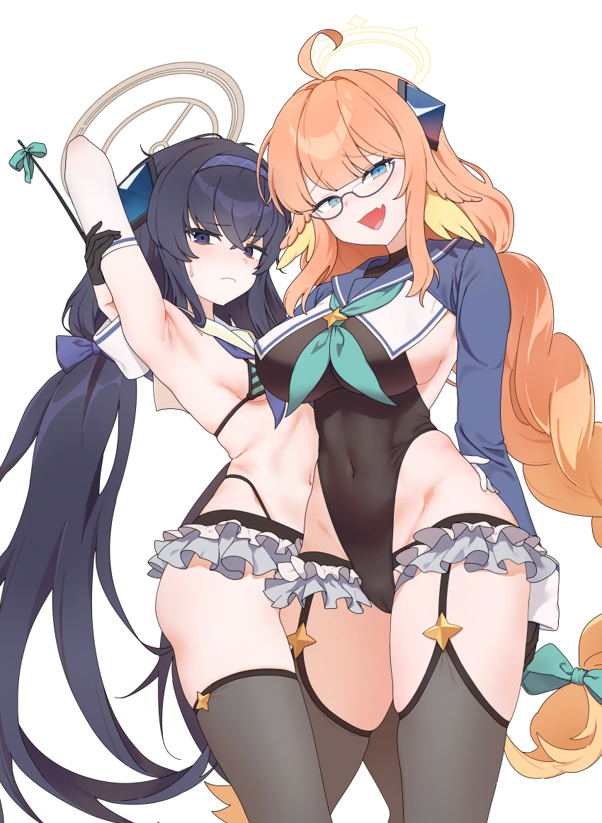 2girls absurdres ahoge armpits bikini black_hair black_leotard black_thighhighs blue_archive blue_eyes blue_sailor_collar blue_shrug blunt_bangs blush braid breasts brown_halo cameltoe covered_navel elbow_gloves fang frilled_thigh_strap glasses gloves grabbing_another&#039;s_arm green_bikini green_neckerchief groin hair_between_eyes hairband halo head_wings highres large_breasts leotard long_hair looking_at_viewer multiple_girls navel neckerchief open_mouth orange_hair pisik purple_hairband purple_neckerchief riding_crop sailor_collar shimiko_(blue_archive) shimiko_(magical)_(blue_archive) shrug_(clothing) sideboob skin_fang small_breasts smile striped_bikini striped_clothes sweat swimsuit thigh_strap thighhighs thighs twin_braids twintails ui_(blue_archive) very_long_hair white_gloves white_sailor_collar wings yellow_halo