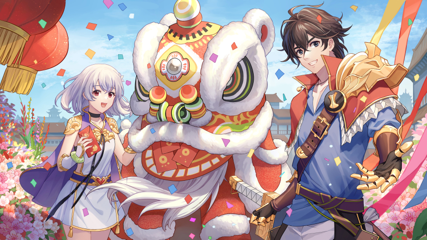 1boy 1girl absurdres aldo_(another_eden) another_eden blue_sky blue_tunic brown_hair card confetti dragon dragon_dance dress eastern_dragon feinne_(another_eden) fingerless_gloves gloves grey_hair grin hair_between_eyes highres holding holding_card holding_sword holding_weapon jewelry lalatia-meai lantern necklace open_mouth outdoors paper_lantern red_eyes sky smile sword tunic weapon white_dress