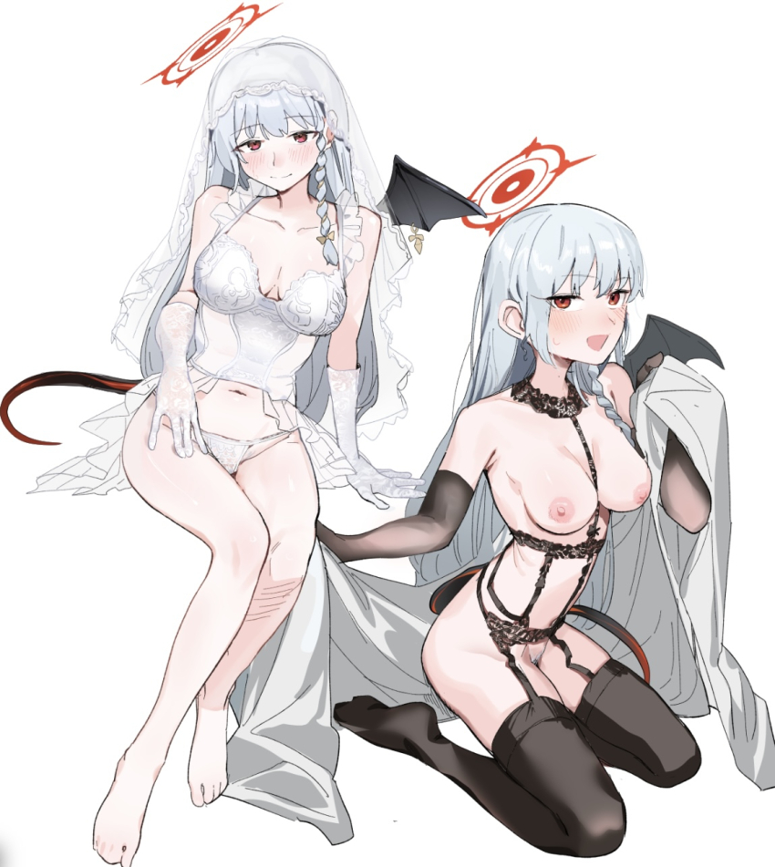 1girl bare_shoulders barefoot black_gloves black_tail black_thighhighs black_wings blue_archive braid breasts closed_mouth elbow_gloves female_pubic_hair gloves grey_hair halo haruna_(blue_archive) highres invisible_chair kneeling long_hair looking_at_viewer medium_breasts multiple_views navel nipples no_shoes panties pubic_hair red_eyes red_halo simple_background single_braid single_wing sitting smile thighhighs umiwashi underwear white_background white_gloves white_panties wings