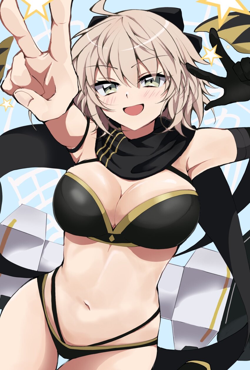 1girl ahoge asymmetrical_gloves bare_shoulders bikini black_bikini black_bow black_gloves black_scarf blonde_hair blush bow breasts cleavage elbow_gloves fate/grand_order fate_(series) gloves hair_bow highleg highleg_bikini highres koha-ace large_breasts layered_bikini looking_at_viewer medium_breasts multi-strapped_bikini navel okita_j._souji_(fate) okita_j._souji_(first_ascension)_(fate) okita_souji_(fate) scarf short_hair single_elbow_glove single_glove smile solo swimsuit thigh_strap toyosu uneven_gloves yellow_eyes
