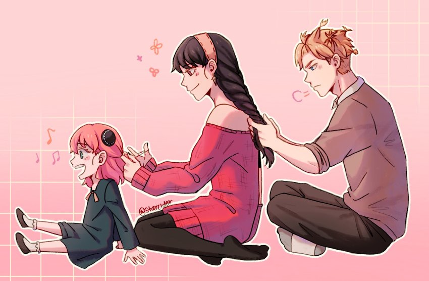 1boy 2girls puff_of_air anya_(spy_x_family) barefoot black_dress black_footwear black_hair black_pantyhose blonde_hair blue_eyes blush bobby_socks braid braided_ponytail child commentary dress family hair_ornament hairband highres husband_and_wife long_hair long_sleeves mary_janes multiple_girls musical_note open_mouth pantyhose pink_background pink_hair red_sweater ribbed_sweater seiza shoes sitting socks spy_x_family star_cider sweater twilight_(spy_x_family) twitter_username white_legwear yor_briar