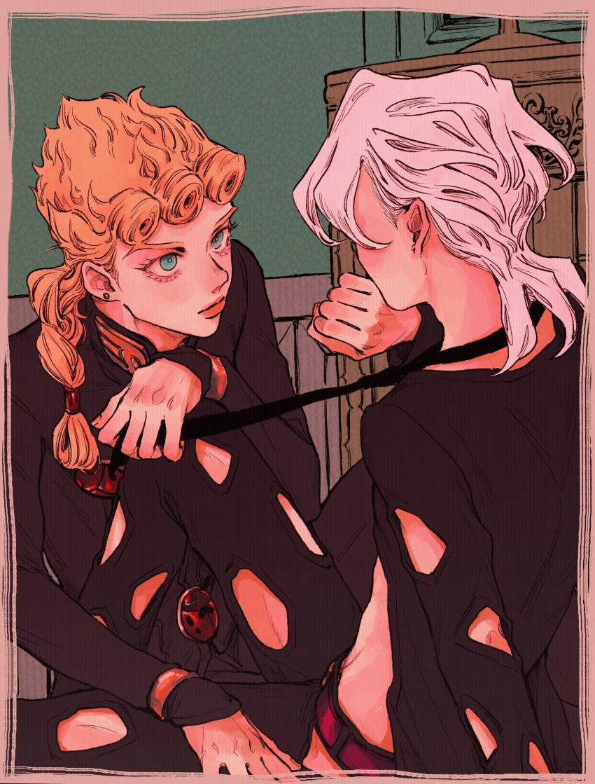 2boys absurdres aqua_eyes back black_jacket black_pants black_shirt blonde_hair border braid clothing_cutout earrings giorno_giovanna grey_border hand_on_another&#039;s_thigh highres holding_necktie indoors jacket jewelry jojo_no_kimyou_na_bouken long_hair looking_at_another male_focus medium_hair multiple_boys okokoro_zaiku pannacotta_fugo pants shirt sitting stud_earrings vento_aureo victory_rolls white_hair yaoi