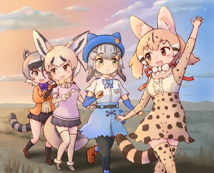 4girls animal_ears blonde_hair bow bowtie brown_eyes brown_hair cardigan crab-eating_raccoon_(kemono_friends) elbow_gloves extra_ears gloves grey_hair hat highres hikari_(kemono_friends) kemono_friends kemono_friends_3 kneehighs large-spotted_genet_(kemono_friends) multiple_girls nature outdoors pantyhose ribbon rueppell&#039;s_fox_(kemono_friends) shirt shoes skirt socks tail yellow_eyes zzz_ansh