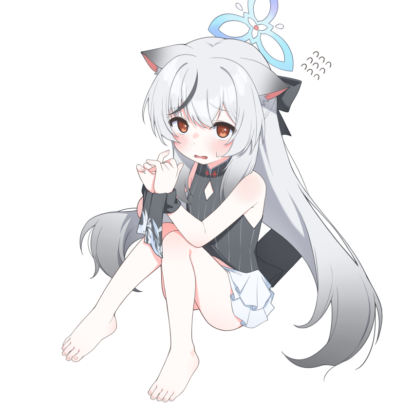 1girl absurdres animal_ear_fluff animal_ears bare_shoulders barefoot black_dress black_hair blue_archive blue_halo blush bound bound_wrists china_dress chinese_clothes commentary_request diamond_cutout dress frilled_skirt frills gradient_hair grey_hair halo highres kokona_(blue_archive) korean_commentary long_hair looking_at_viewer midriff_peek multicolored_hair nervous open_mouth orange_eyes skirt solo striped_clothes striped_dress sweatdrop tiger_ears tiger_girl ugaaaa1 vertical-striped_clothes vertical-striped_dress very_long_hair white_background white_skirt