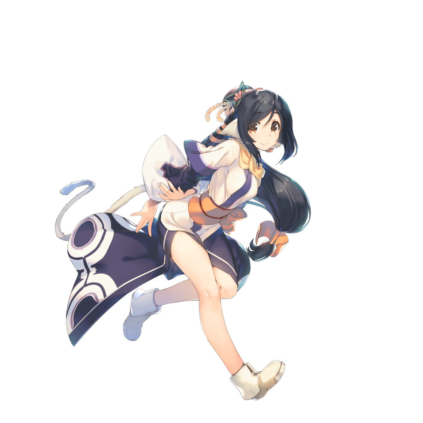 1girl amazuyu_tatsuki animal_ears black_hair full_body hair_ornament highres japanese_clothes kuon_(utawarerumono) layered_sleeves long_hair long_sleeves looking_at_viewer low-tied_long_hair non-web_source obi official_art orange_eyes photoshop_(medium) sash smile solo tail transparent_background utawarerumono utawarerumono:_lost_flag very_long_hair