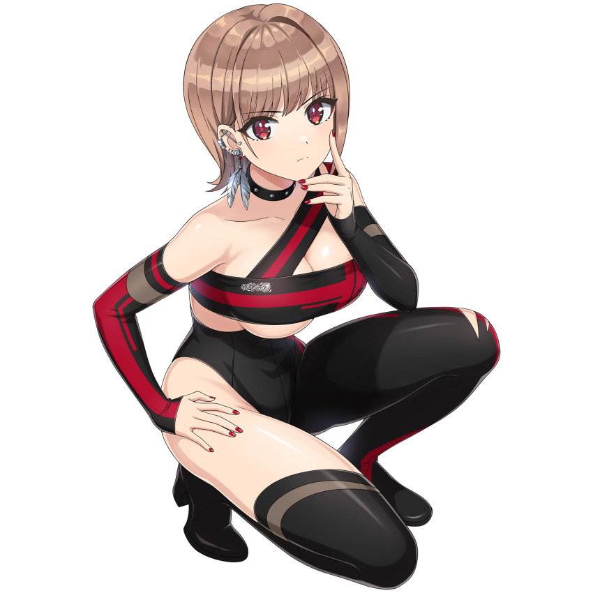 1girl black_bodysuit black_sleeves bodysuit boots breasts brown_hair choker cleavage cleavage_cutout clothing_cutout detached_sleeves dolphin_wave earrings feather_earrings feathers game_cg hand_on_own_face hand_on_own_thigh high_heel_boots high_heels highres jewelry kamie_tsugumi kneeling large_breasts light_frown looking_at_viewer medium_hair nail_polish non-web_source official_art ootomo_takuji red_eyes red_nails see-through_clothes single_earring single_sidelock single_thigh_boot solo spiked_choker spikes thigh_boots transparent_background underboob_cutout