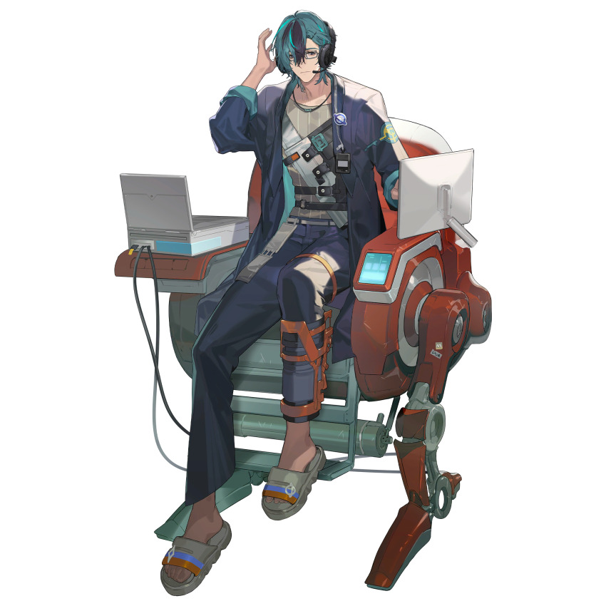 1boy artist_request black_eyes black_hair cable chair computer full_body game_cg girls&#039;_frontline girls&#039;_frontline_neural_cloud glasses green_hair headphones highres jacket looking_at_viewer male_focus monitor newspaper official_art on_chair open_clothes open_jacket pants sandals sitting solo third-party_source transparent_background yuwang_(neural_cloud)