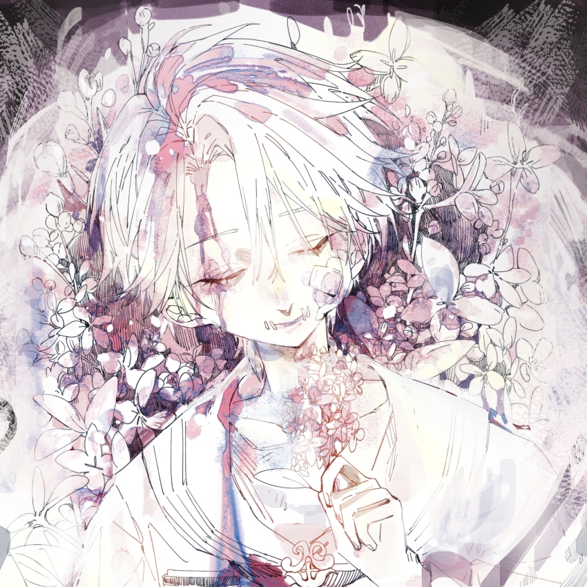 1boy absurdres aesop_carl aesop_carl_(&quot;blindspot&quot;) ayi15181 bandaid bandaid_on_face blood blood_on_clothes blood_on_face closed_eyes closed_mouth eyelashes fingernails flower hair_between_eyes highres holding holding_flower identity_v male_focus parted_bangs shirt short_hair solo stitched_mouth stitches upper_body