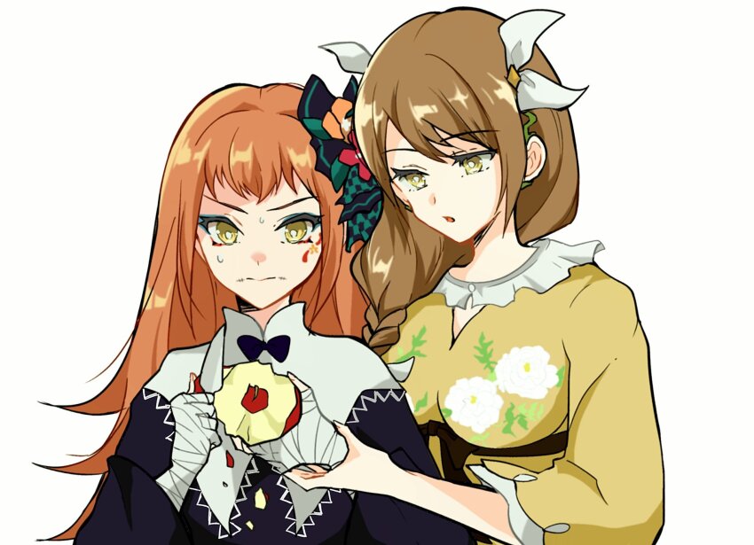2girls apple black_dress bow breasts brown_hair dress fire_emblem fire_emblem_engage floral_print flower food frown fruit goldmary_(fire_emblem) guiding_hand hair_bow hair_flower hair_ornament highres holding holding_food holding_fruit knife large_breasts multiple_girls nintendo oda32t open_mouth orange_hair panette_(fire_emblem) peeling sweat sweatdrop upper_body white_background yellow_dress yellow_eyes