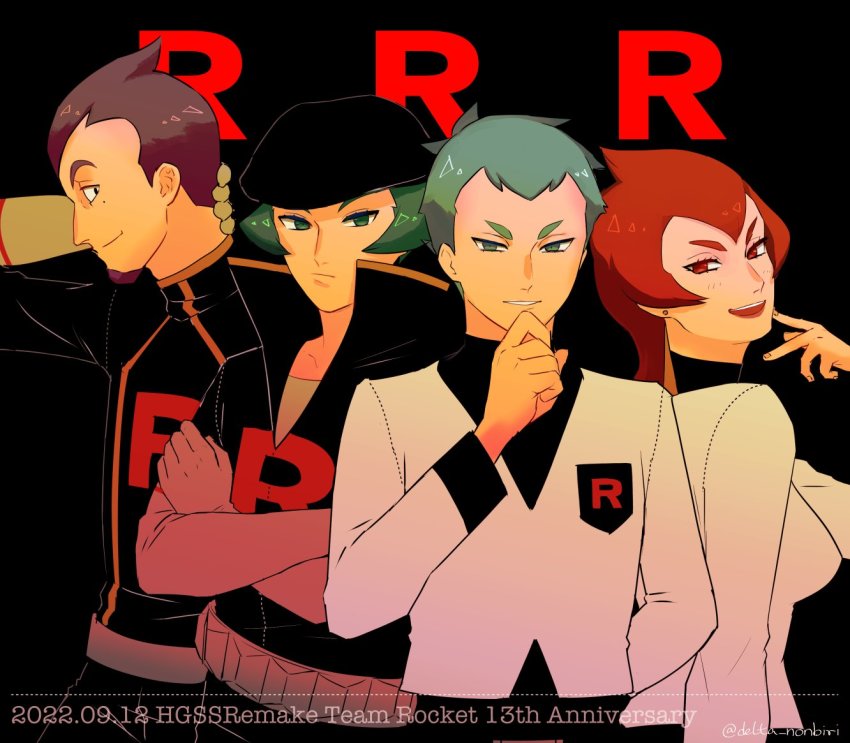 1girl 3boys anniversary archer_(pokemon) ariana_(pokemon) black_eyes closed_mouth commentary_request crossed_arms dated delta_nonbiri eyelashes facial_hair gloves green_hair hand_on_own_chin hat jacket logo long_sleeves mole mole_under_eye multiple_boys nintendo parted_lips petrel_(pokemon) pokemon pokemon_hgss purple_hair red_eyes red_hair short_hair smile stroking_own_chin team_rocket team_rocket_uniform white_jacket