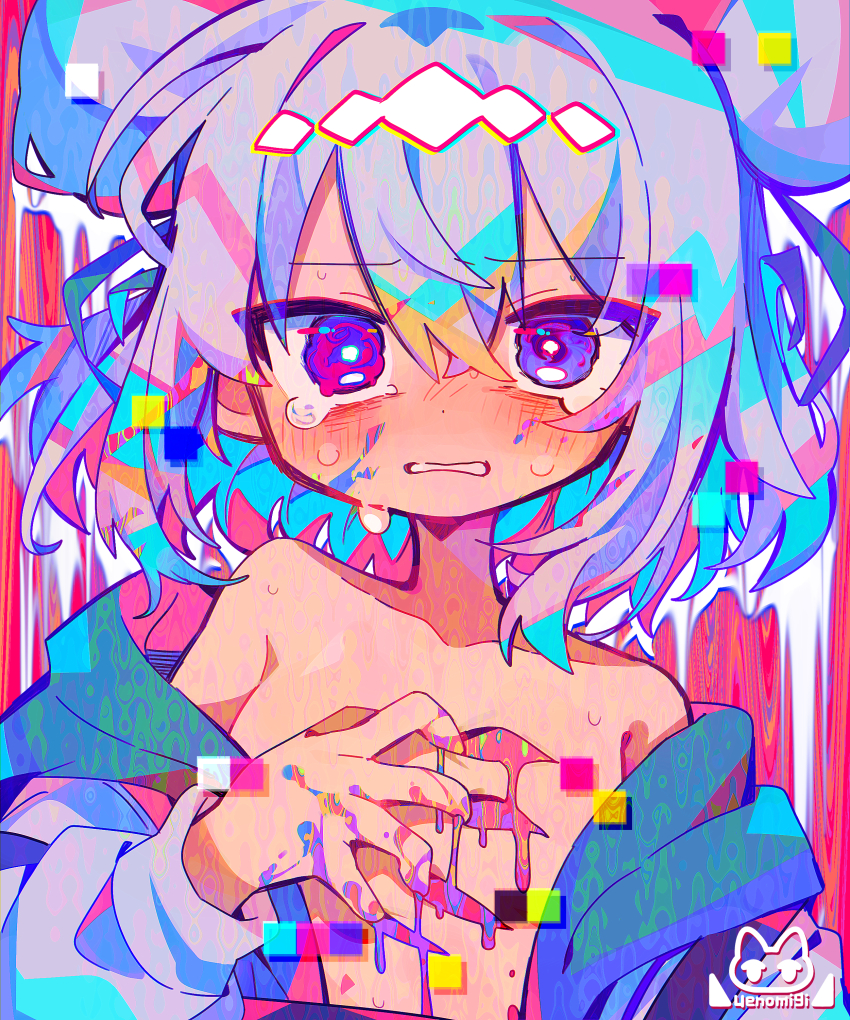1girl absurdres artist_logo blonde_hair blood blue_hair blue_ribbon blush breasts clawing commentary_request crying crying_with_eyes_open distortion double_bun ekami_gumi_(uenomigi) hair_between_eyes hair_bun hair_intakes hair_ribbon hand_on_own_chest heterochromia highres hood hood_down hooded_jacket jacket logo looking_at_viewer medium_hair multicolored_hair no_shirt open_clothes open_jacket original pink_blood pink_hair purple_blood purple_eyes red_eyes ribbon small_breasts solo tears uenomigi upper_body white_hair white_jacket