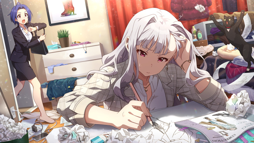 2girls bag blue_hair bookmark boots bracelet breasts cable cat cellphone cleavage crumpled_paper drawer drawing_(action) drawing_(object) dress_shirt electrical_outlet english_text eraser faceless forehead game_cg grey_hair handbag high_heel_boots high_heels idolmaster idolmaster_million_live! idolmaster_million_live!_theater_days jewelry messy_room midair miura_azusa multiple_girls necklace official_art pantyhose paper pencil phone picture_frame plant potted_plant purple_eyes shijou_takane shirt skirt smartphone sparkling_eyes tissue_box unworn_clothes