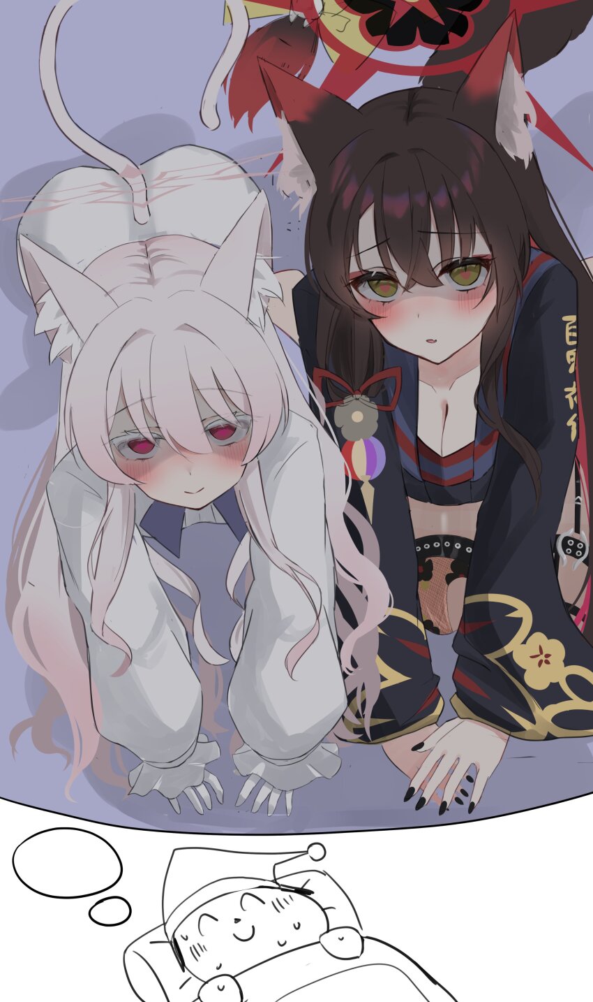 1boy 2girls absurdres akira_(blue_archive) all_fours animal_ear_fluff animal_ears ass black_hair black_kimono black_nails black_thighhighs blue_archive blush breasts cat_ears cat_girl cat_tail cleavage closed_mouth colored_inner_hair crossed_bangs doodle_sensei_(blue_archive) fox_ears fox_girl fox_tail gloves hair_between_eyes halo heart heart-shaped_pupils highres japanese_clothes kimono large_breasts long_hair multicolored_hair multiple_girls open_mouth pants pink_hair pink_halo rakio_deeeesu red_eyes red_hair red_halo seiza sensei_(blue_archive) shaded_face shirt sidelocks sitting smile symbol-shaped_pupils tail thigh_strap thighhighs two-tone_hair wakamo_(blue_archive) white_gloves white_pants white_shirt yellow_eyes