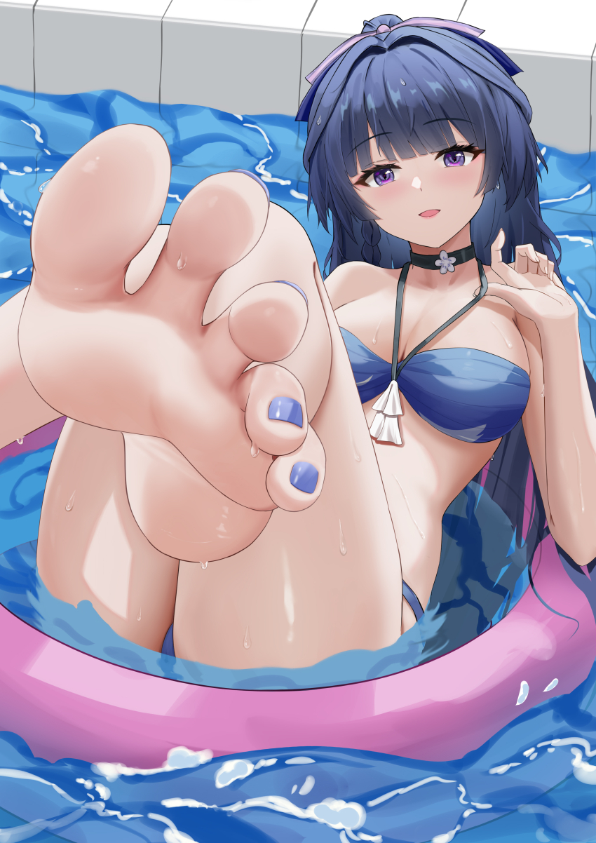 1girl absurdres barefoot bikini black_hair blush feet highres honkai_(series) honkai_impact_3rd innertube long_hair looking_at_viewer open_mouth pool purple_eyes raiden_mei shirobako_srbk soles swim_ring swimsuit toes
