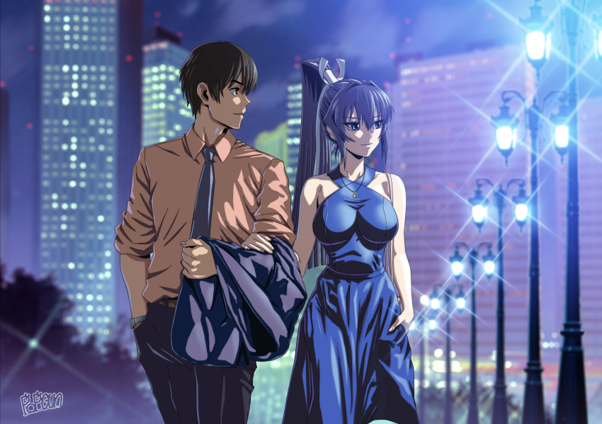 1boy 1girl blue_dress blue_eyes blue_hair blue_necktie breasts brown_hair brown_shirt collared_shirt dress hair_behind_ear halter_dress halterneck hand_on_own_hip highres holding_another&#039;s_arm jewelry lamppost long_hair looking_to_the_side medium_breasts mitsurugi_meiya muv-luv necklace necktie ponytail popgun_(22882502) shirogane_takeru shirt smile very_long_hair