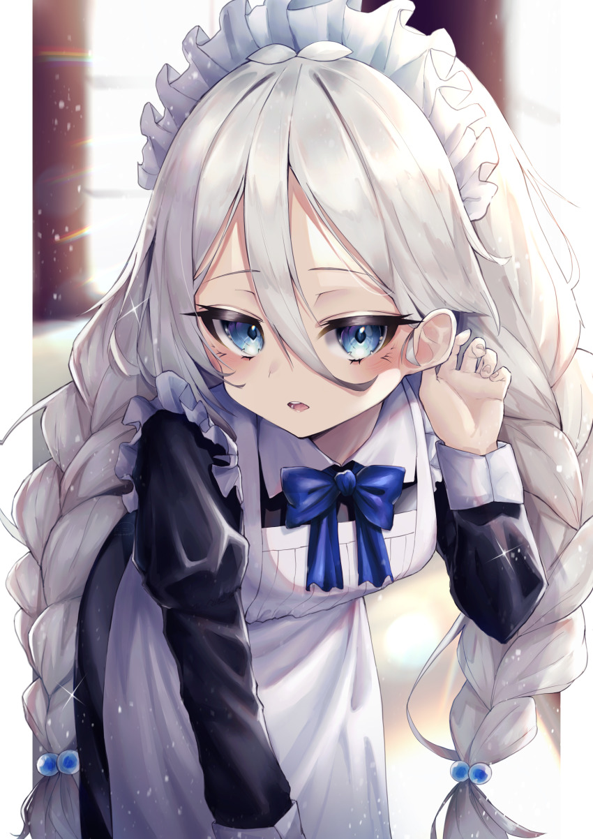 1girl absurdres alternate_costume antenna_hair apron blue_bow blue_bowtie blue_eyes blurry blurry_background blush bow bowtie braid commentary enmaided hair_between_eyes hair_bobbles hair_ornament highres hinamayo indoors kokkoro_(princess_connect!) kokkoro_(real)_(princess_connect!) leaning_forward long_hair long_sleeves looking_at_viewer maid maid_headdress open_mouth princess_connect! solo twin_braids very_long_hair white_hair