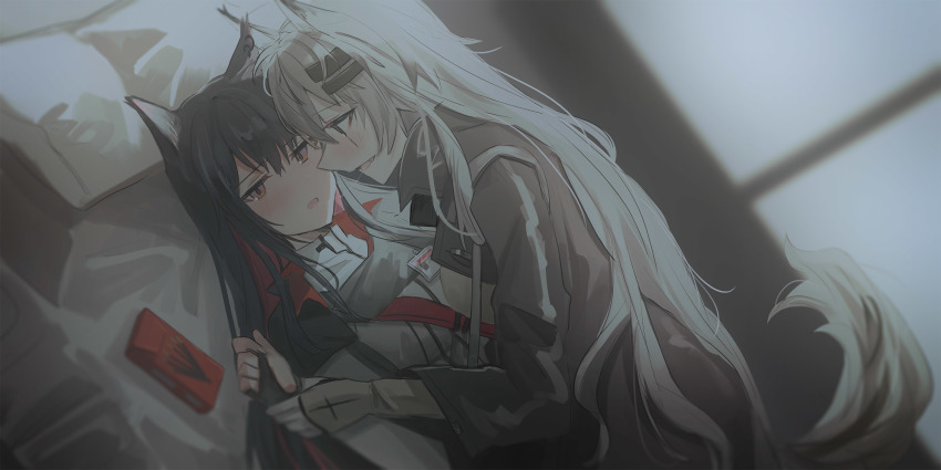 2girls :d animal_ear_fluff animal_ears arknights bad_id bad_nicoseiga_id bed black_eyes black_gloves black_hair black_jacket blush brown_eyes brown_gloves chihuri commentary_request dutch_angle fang female_focus fingerless_gloves girl_on_top gloves grey_hair grey_jacket hair_between_eyes highres jacket lappland_(arknights) long_hair long_sleeves lying multicolored_hair multiple_girls on_back on_bed open_mouth pillow red_hair saliva saliva_trail shirt smile tail texas_(arknights) two-tone_hair very_long_hair white_shirt yuri