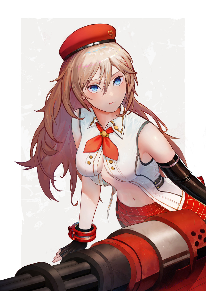 1girl absurdres alisa_ilinichina_amiella asymmetrical_gloves bare_shoulders beret black_gloves blue_eyes bracer breasts brown_hair cleavage closed_mouth collared_shirt commentary cowboy_shot elbow_gloves english_commentary fingerless_gloves gatling_gun gloves god_eater god_eater_2:_rage_burst gun hair_between_eyes hat highres holding holding_gun holding_weapon huge_weapon lonegaze long_hair looking_at_viewer medium_breasts navel neckerchief partially_unbuttoned plaid_clothes plaid_skirt red_hat red_neckerchief red_skirt shirt sidelocks simple_background skirt sleeveless sleeveless_shirt solo standing stomach weapon white_background white_shirt