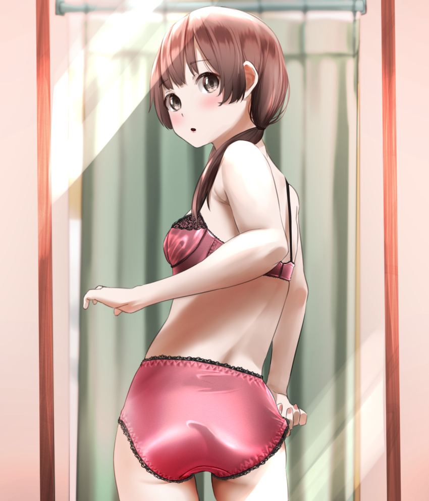 1girl :o adjusting_clothes adjusting_panties ass back blush bra brown_eyes brown_hair commentary commission curtains highres lace lace-trimmed_bra lace-trimmed_panties lace_trim lingerie looking_at_mirror looking_back mirror original panties pixiv_commission ponytail red_bra red_panties reflection satin satin_bra satin_panties satin_underwear tama_(tamago) underwear