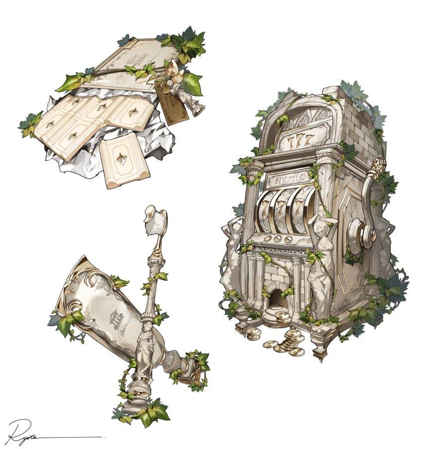 abandoned candy chocolate chocolate_bar coin column food gold_coin highres no_humans object_focus original overgrown pillar plant ruins ryota_(ry_o_ta) signature slot_machine statue toothbrush toothpaste vines white_background white_chocolate