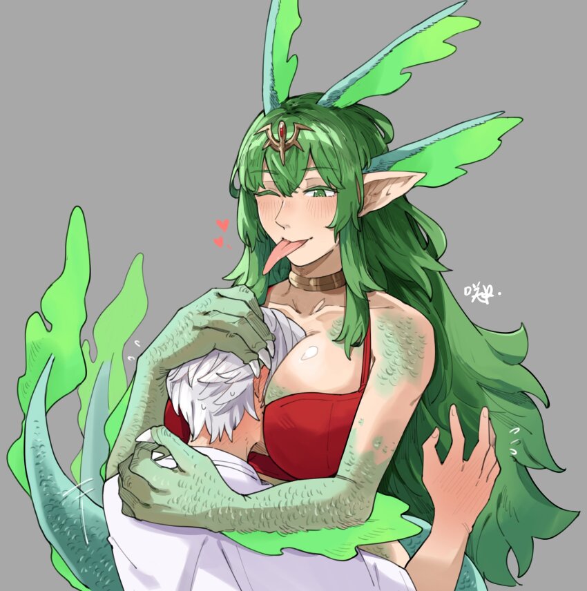 1boy 1girl alternate_costume blush breast_smother breasts commentary dragon_girl dragon_tail dress english_commentary face_to_breasts fire_emblem fire_emblem_awakening green_eyes green_hair grey_background hair_between_eyes heart height_difference highres hug large_breasts long_hair looking_at_another male_robin_(fire_emblem) monster_girl nintendo one_eye_closed pointy_ears red_dress sakuremi scales shirt short_hair simple_background sleeveless sleeveless_dress sweat tail tiki_(adult)_(fire_emblem) tiki_(fire_emblem) tongue tongue_out white_hair