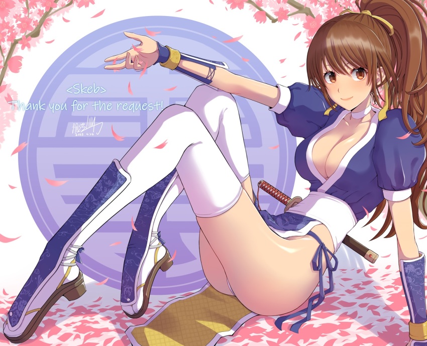 1girl arm_support breasts brown_eyes brown_hair cherry_blossoms choker cleavage dead_or_alive english_text hair_ribbon highres japanese_clothes kasumi_(doa) knees_up large_breasts long_hair looking_at_viewer mariebell matching_hair/eyes ninja obi panties panty_peek pelvic_curtain ponytail ribbon sandals sash sheath sheathed sitting smile solo sword team_ninja tecmo thank_you thighhighs tree underwear wakizashi weapon weapon_on_back white_choker white_panties white_thighhighs zouri