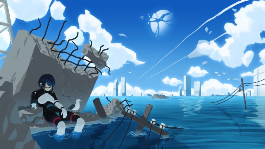 1girl android bird blue_hair blue_sky commentary contrail day english_commentary eule_(signalis) faceless feet_out_of_frame highres missing_limb nuclearbanan ocean outdoors power_lines ruins scenery seagull short_hair signalis simple_bird sitting sky soaking_feet solo utility_pole water wide_shot