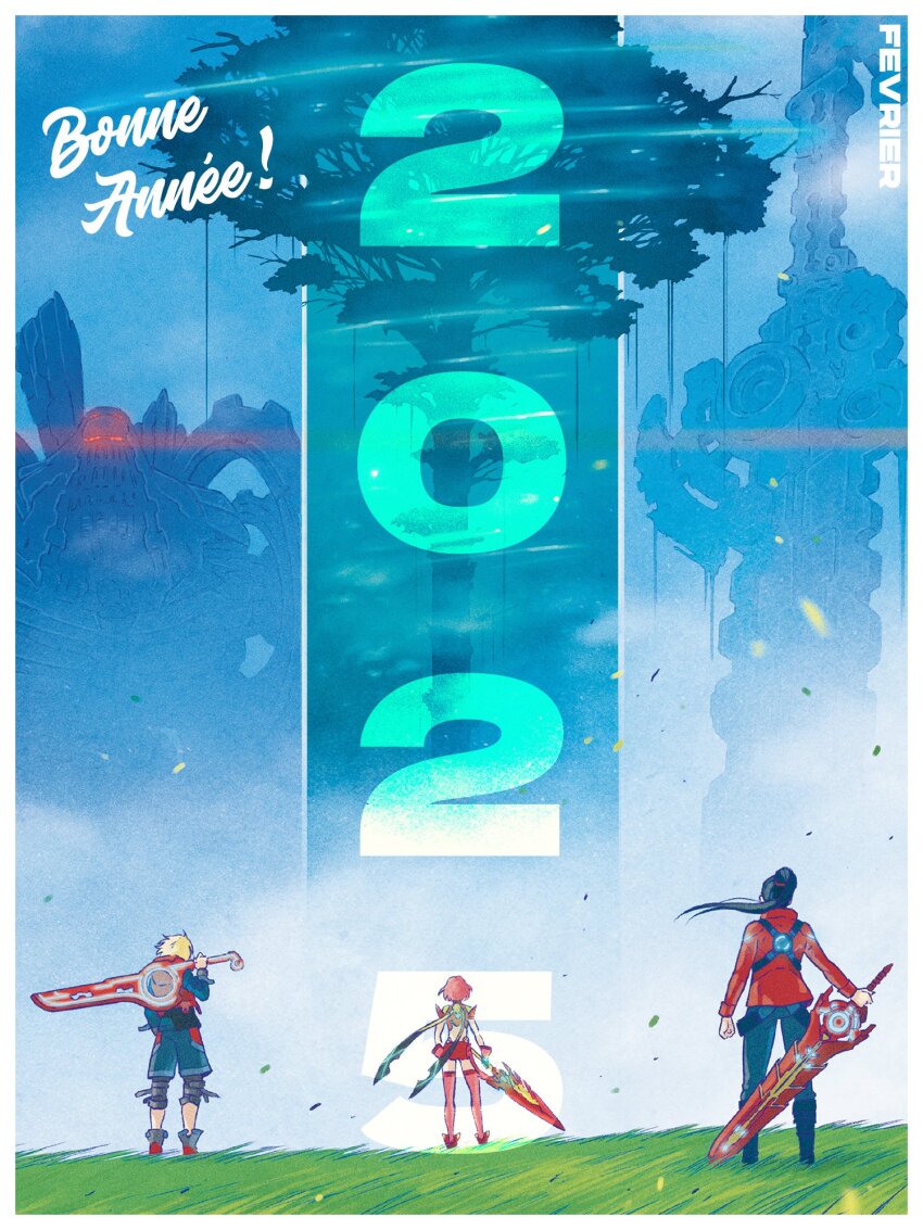 1girl 2025 2boys artist_request black_hair blonde_hair blue_sky bob_cut border commentary_request french_commentary french_text glowing glowing_eyes high_ponytail highres holding holding_sword holding_weapon jacket mechonis monado multiple_boys new_year noah_(xenoblade) on_grass outdoors ponytail pyra_(xenoblade) red_jacket shulk_(xenoblade) sky standing sword translation_request weapon white_border xenoblade_chronicles_(series) xenoblade_chronicles_1 xenoblade_chronicles_2 xenoblade_chronicles_3