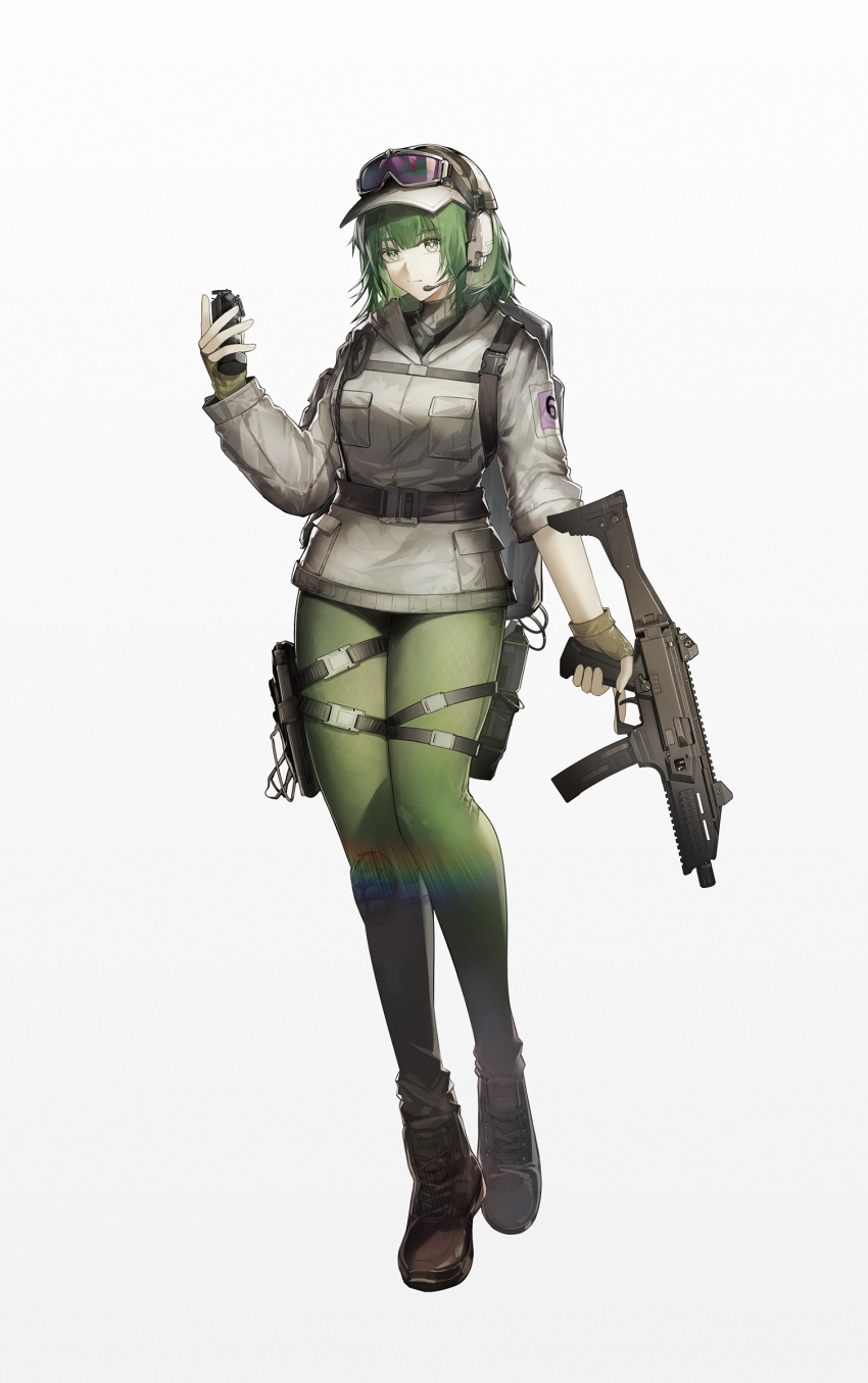 1girl absurdres arknights backpack bag belt brown_footwear bullet closed_mouth ear_protection ela_(rainbow_six_siege) explosion full_body gloves goggles goggles_on_headwear green_eyes green_hair green_pants gun headphones_over_headwear headset helmet highres holding holding_gun holding_weapon military_uniform pants rainbow_six_siege shirt simple_background solo standing weapon white_background yuuki_mix
