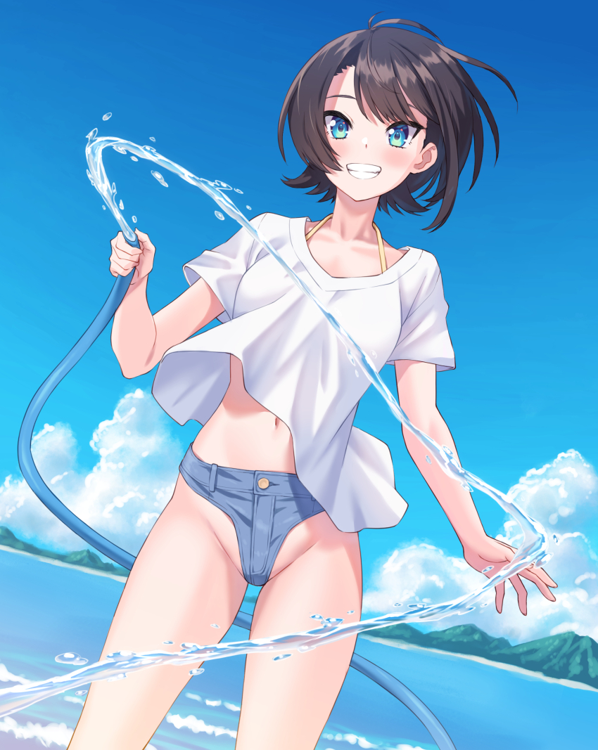 1girl absurdres bikini bikini_under_clothes blue_eyes blue_panties blue_sky blush breasts brown_hair cloud highres holding holding_hose hololive hose kaimuu_(fahrenheit724) looking_at_viewer medium_breasts navel oozora_subaru oozora_subaru_(hololive_summer_2019) panties shirt short_hair sky smile solo swimsuit underwear virtual_youtuber wading water white_shirt