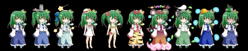 &gt;_o 1girl animal_ears animal_print bikini blush chibi cosplay detached_sleeves dress food food_on_head frog_hair_ornament fruit fruit_on_head full-face_blush full_body hair_ornament highres kochiya_sanae konpaku_youmu konpaku_youmu_(cosplay) long_image mononobe_no_futo mononobe_no_futo_(cosplay) mouse_ears object_on_head one_eye_closed osashin_(osada) pigeon-toed ponytail sleeveless smile snake_hair_ornament star_(symbol) sundress swimsuit tiger_print tongue tongue_out toramaru_shou toramaru_shou_(cosplay) touhou transparent_background watermelon wide_image