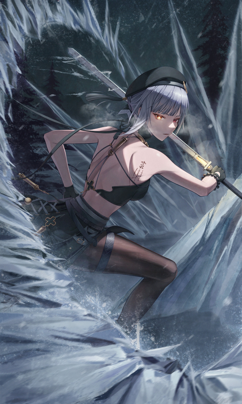 1girl absurdres back backless_outfit bare_shoulders beret black_gloves black_hat breasts commentary crop_top cryokinesis gloves glowing glowing_eye grey_hair hat highres holding holding_sword holding_weapon ice jewelry looking_at_viewer outdoors pantyhose red_eyes sanhua_(wuthering_waves) shirt skirt sword symbol-shaped_pupils tacet_mark_(wuthering_waves) tassel thigh_strap toroe02 turtleneck turtleneck_shirt weapon wuthering_waves