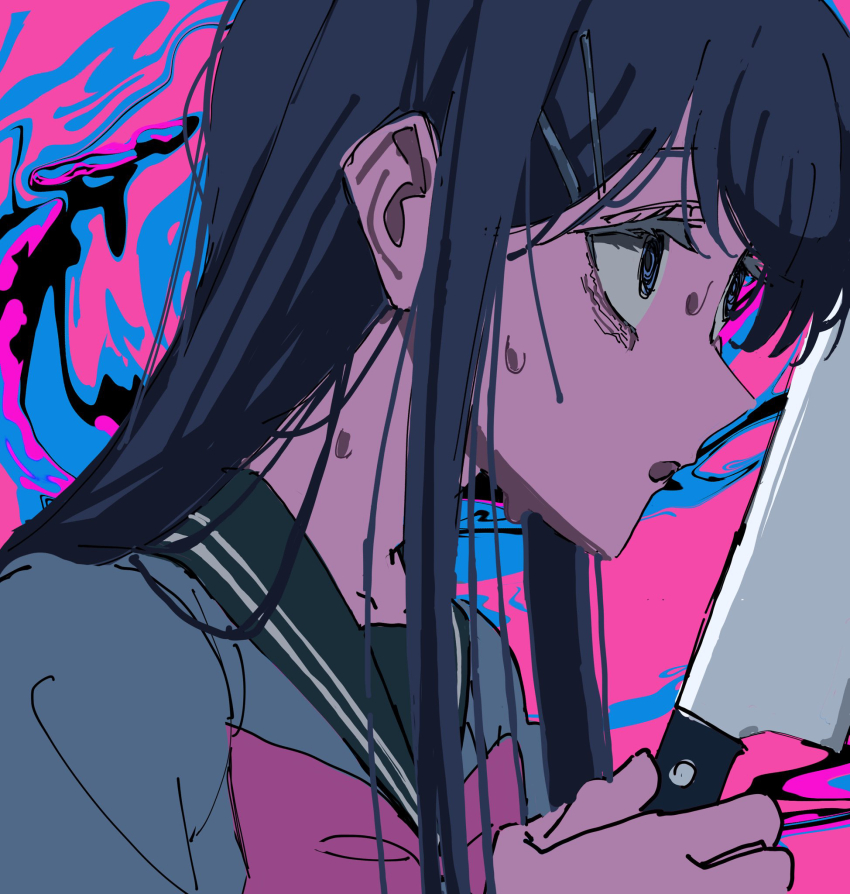 1girl aaa-yuyu blue_hair blue_sailor_collar bow danganronpa:_trigger_happy_havoc danganronpa_(series) eyelashes from_side hair_ornament hairclip highres holding holding_knife knife long_hair maizono_sayaka open_mouth pink_bow psychedelic sailor_collar shirt solo sweat