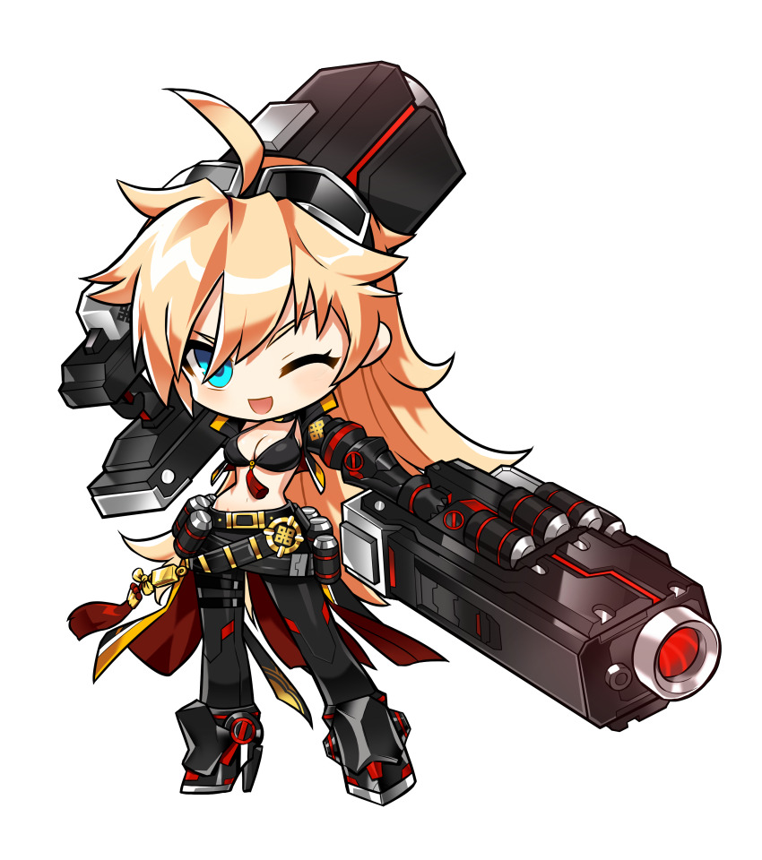 1girl absurdres ahoge belt belt_buckle black_belt black_boots black_bra black_gloves black_jacket black_pants blonde_hair blue_eyes boots bra breasts buckle chibi cleavage crossed_belts dual_wielding earrings elsword game_cg gloves goggles goggles_on_head gold_buckle grey-framed_eyewear gun hair_between_eyes high_heel_boots high_heels highres holding holding_gun holding_weapon huge_weapon hwansang jacket jewelry light_blush long_hair long_skirt long_sleeves looking_at_viewer multiple_belts official_art one_eye_closed open_clothes open_jacket open_mouth over_shoulder pants red_skirt rose_(elsword) second-party_source showgirl_skirt skirt smile solo standing stomach tachi-e transparent_background tsurime underwear very_long_hair weapon weapon_over_shoulder
