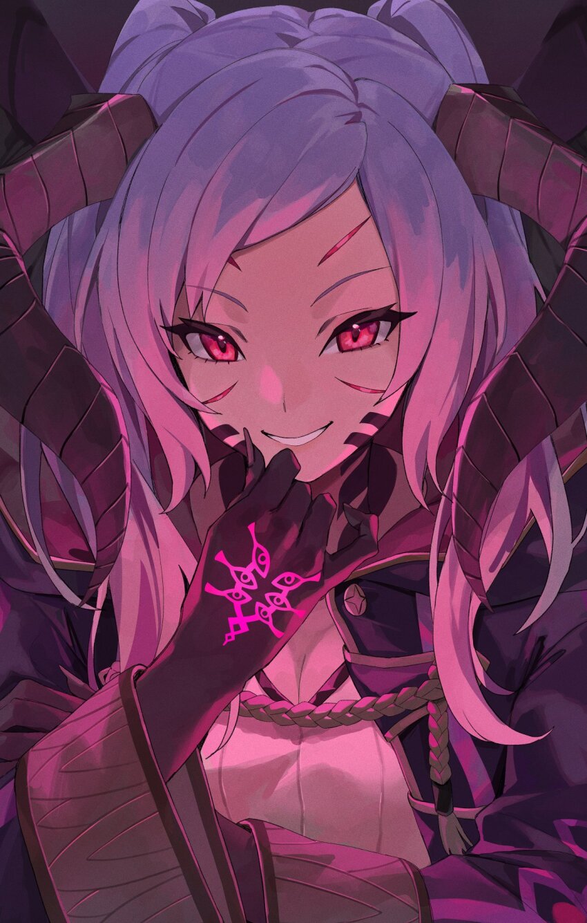 1girl aura breasts cleavage corruption dark_aura dark_persona evil_smile eyes_of_grima female_robin_(fire_emblem) female_robin_(grima)_(fire_emblem) female_robin_(grima)_(tyrant_of_despair)_(fire_emblem) fire_emblem fire_emblem_awakening fire_emblem_heroes gloves hand_tattoo highres kamu_(kamuuei) long_hair long_sleeves looking_at_viewer medium_breasts nintendo official_alternate_costume red_eyes robe smile solo tattoo teeth twintails upper_body white_hair