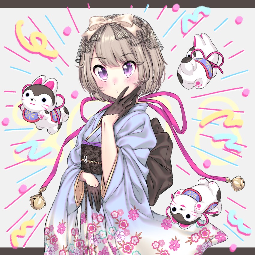 1girl beige_bow bell black_bow black_gloves blue_kimono blush bow brown_hair closed_mouth dog female_focus floral_print gloves grey_background hair_bow half_gloves hand_on_own_cheek hand_on_own_face japanese_clothes jingle_bell kimono letterboxed long_sleeves looking_at_viewer obi original sash short_hair simple_background solo tareme umeno_(shio1205) upper_body wide_sleeves
