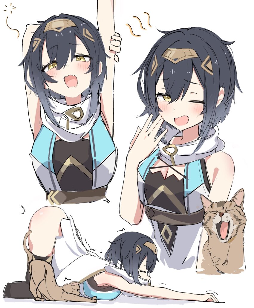 1girl =_= amber_(stella_sora) arm_up ass belt black_hair black_leotard black_thighhighs breasts brown_belt cat cat_stretch cleavage commentary_request dress hair_between_eyes hair_ornament hairclip headpiece highres leotard medium_breasts medium_hair multiple_views one_eye_closed open_mouth panda060 scarf simple_background stella_sora stretching thighhighs top-down_bottom-up waking_up wavy_mouth white_background white_dress white_scarf yawning yellow_eyes