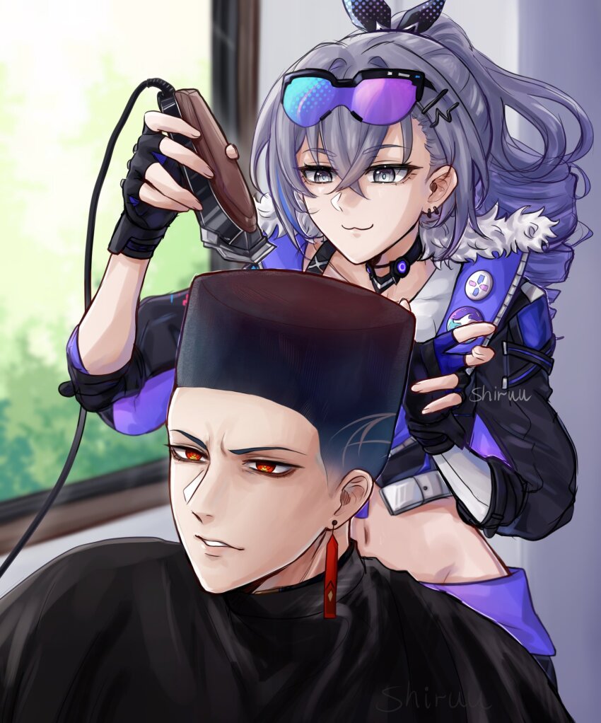 1boy 1girl :3 alternate_hairstyle barber_cape black_gloves blade_(honkai:_star_rail) bra_strap choker choso_giving_toudou_a_haircut_(meme) commentary cropped_jacket drill_hair drill_ponytail earrings electric_razor english_commentary fade_(haircut) fingerless_gloves flattop gloves goggles goggles_on_head gradient_hair grey_eyes grey_hair highres holding holding_razor honkai:_star_rail honkai_(series) indoors jewelry meme multicolored_hair navel parted_lips razor red_eyes shiruuruu silver_wolf_(honkai:_star_rail) tall_hair upper_body window