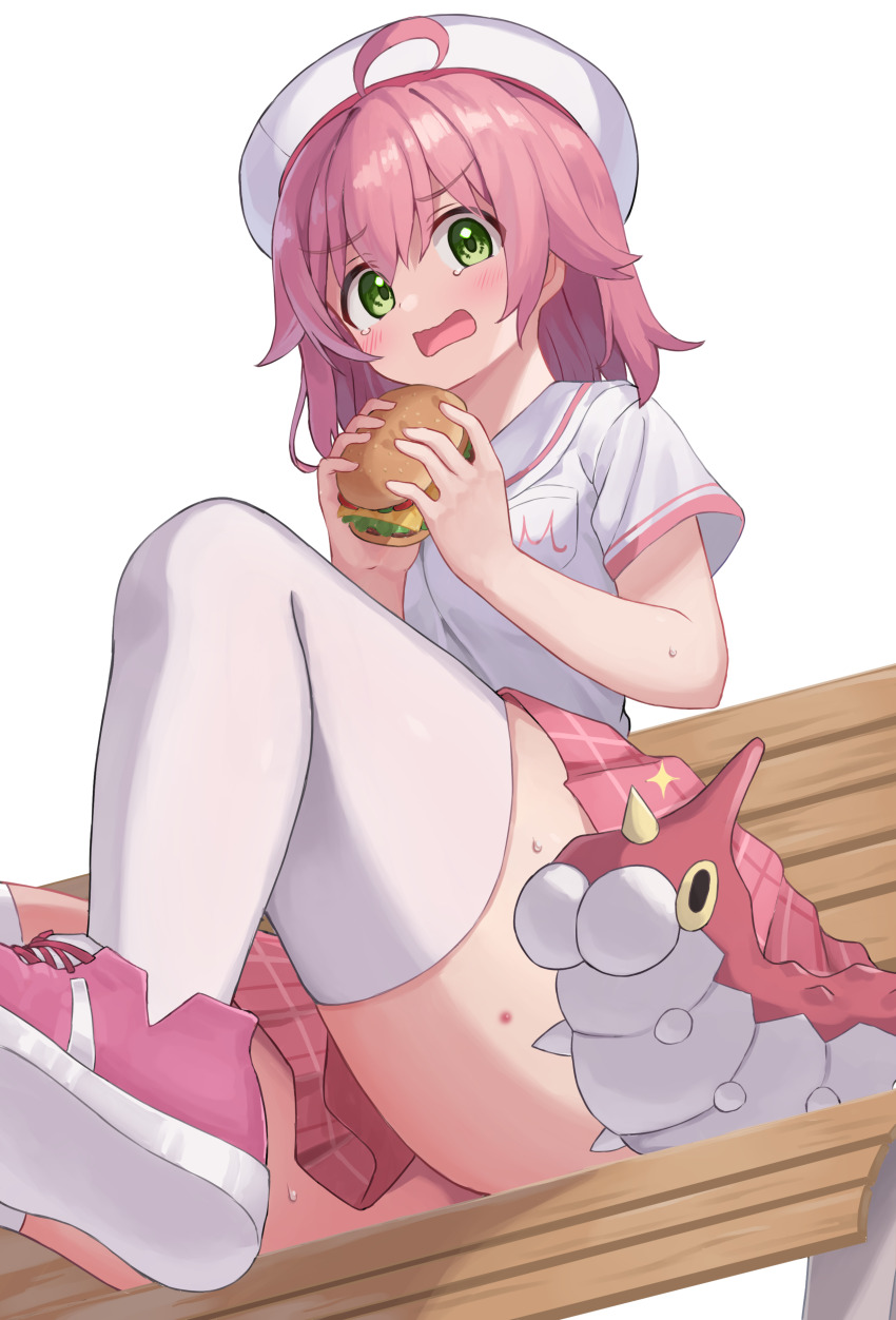 1girl absurdres beret blush burger commentary_request food gen_3_pokemon green_eyes hat highres holding holding_burger holding_food hololive kajitsu_no_hito long_hair medium_hair nintendo open_mouth pink_hair pink_shoes pink_skirt pokemon sakura_miko sakura_miko_(school_uniform) shirt shoe_soles shoes short_sleeves simple_background sitting skirt thighhighs thighs virtual_youtuber white_background white_hat white_shirt white_thighhighs wurmple