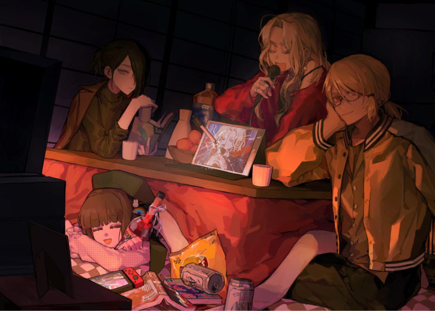 2girls 3boys bag_of_chips black_hair black_pants black_shirt book broken_mask broken_screen brown_hair brown_jacket buttons chinese_commentary closed_eyes closed_mouth cup danganronpa_another earrings glasses green_sweater grey_eyes hair_ornament hair_over_one_eye happy holding holding_book holding_cup holding_microphone indoors ipad jacket jacket_on_shoulders jewelry karaoke kotatsu long_sleeves magorobi_emma makunouchi_hajime mask microphone mug multiple_boys multiple_girls music necklace nijiue_iroha nintendo_switch open_mouth pants pen ponytail rabbit_hair_ornament rainbow rainbow_hair_ornament red_eyes red_jacket ring sannoji_mikado shirt short_hair short_ponytail singing smile star_(symbol) star_earrings super_danganronpa_another_2 sweater table tablet_pc television turtleneck turtleneck_sweater white_shirt yellow_jacket yellow_shirt yomiuri_nikkei yough42