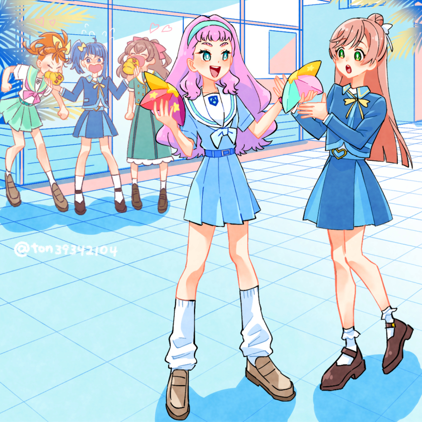 5girls :d aozora_middle_school_uniform belt black_footwear blue_belt blue_eyes blue_hair blue_hairband blue_jacket blue_shirt blue_skirt bobby_socks bread bright_pupils brown_footwear brown_hair collared_shirt commentary cut_bangs day delicious_party_precure eating flying_sweatdrops food frown giving green_eyes green_sailor_collar green_skirt hair_bun hair_pulled_back hair_ribbon hairband heart hirogaru_sky!_precure holding holding_food in-franchise_crossover jacket laura_la_mer loafers long_sleeves looking_at_another loose_socks mary_janes medium_hair medium_skirt miniskirt multiple_girls nagomi_yui natsuumi_manatsu neck_ribbon neckerchief nijigaoka_mashiro open_mouth outdoors pink_hair pink_neckerchief pleated_skirt precure purple_hair red_ribbon ribbon sailor_collar school_uniform shadow shinsen_middle_school_uniform shirt shoes shop short_sleeves side_ponytail single_hair_bun skirt smile socks sora_harewataru sorashido_academy_school_uniform standing ton_(ton39342104) tropical-rouge!_precure twitter_username two_side_up white_neckerchief white_pupils white_sailor_collar white_shirt white_socks wing_collar yellow_ribbon