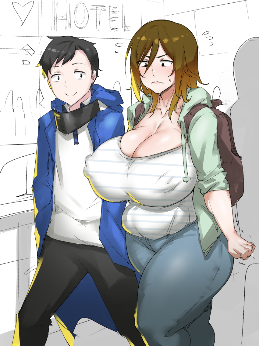 1boy amasawa_keisuke breasts brown_eyes brown_hair date_makiko digimon digimon_story:_cyber_sleuth digimon_story:_cyber_sleuth_hacker&#039;s_memory highres medium_hair natedecock smile tight_clothes