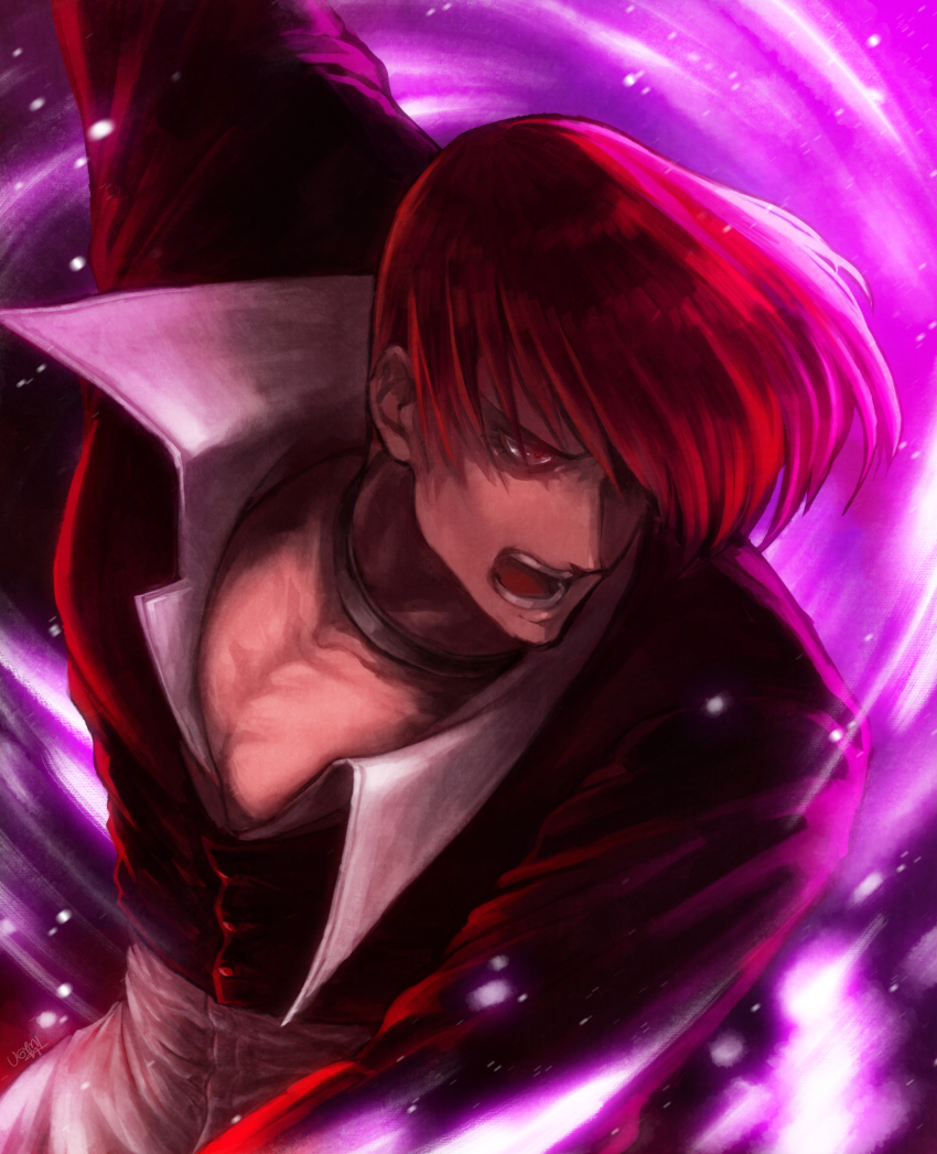 1boy absurdres choker cropped_jacket fire food_fighter_441 grin hair_over_one_eye highres jacket male_focus open_mouth pants pectoral_cleavage pectorals purple_fire pyrokinesis red_eyes red_hair shirt short_hair smile snk solo the_king_of_fighters yagami_iori