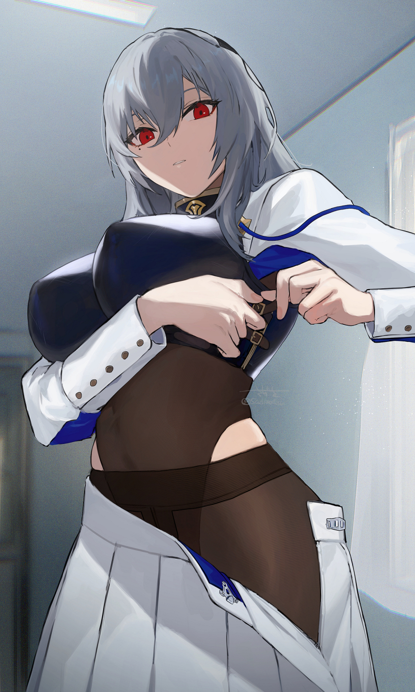 1girl absurdres azur_lane breasts brown_pantyhose commentary_request from_below grey_hair hair_between_eyes hair_ornament highres large_breasts long_sleeves looking_at_viewer looking_down miniskirt pantyhose pleated_skirt red_eyes sadiwosan saint-louis_(azur_lane) skirt solo standing undressing white_skirt