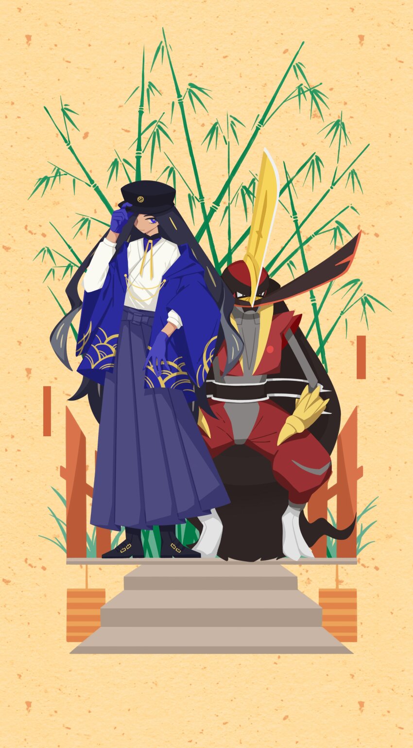 1girl absurdres alternate_costume bamboo black_footwear black_hair black_headwear black_skin blue_eyes blue_gloves blue_hakama boots colored_skin commentary_request geeta_(pokemon) gloves grey_skin hair_over_one_eye hakama haori hat highres hms61523607 japanese_clothes kingambit long_hair long_legs multicolored_skin nintendo pokemon pokemon_(creature) pokemon_sv red_skin very_long_hair yellow_background