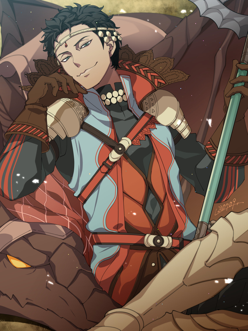 1boy axe brown_hair circlet cloak dark_skin dragon fire_emblem fire_emblem:_three_houses fire_emblem_warriors:_three_hopes gloves green_eyes highres holding holding_axe l_(matador) nintendo shahid_(fire_emblem) smug solo
